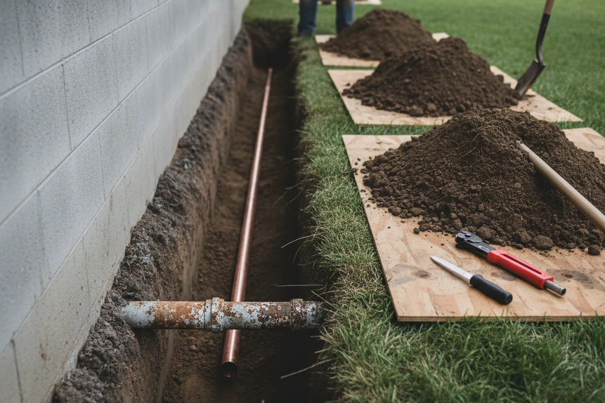 Excavated water line trench during Sewer Line Repair in Tuxedo Park